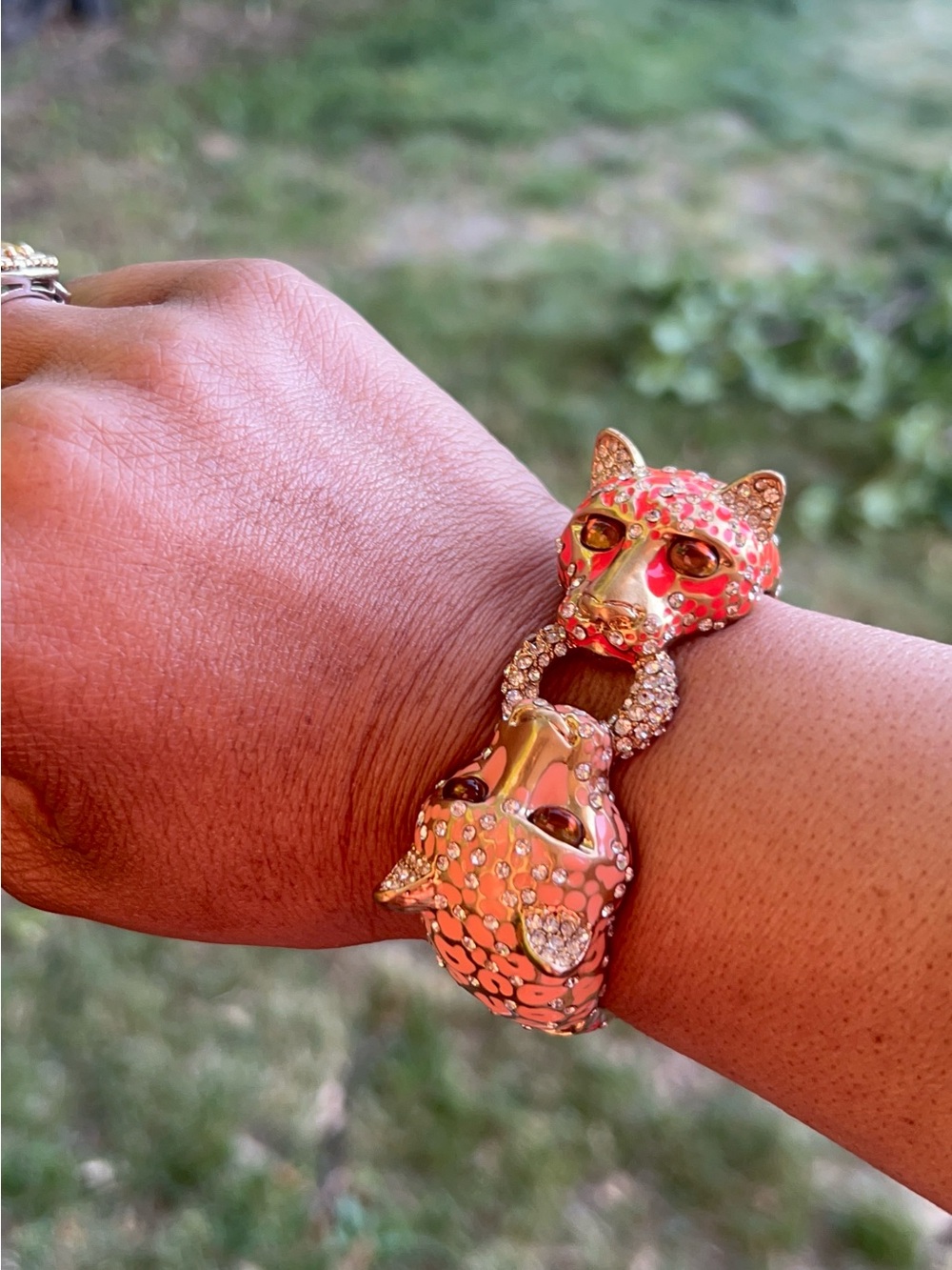 J Crew Pink Leopard Pave Crystal Enamel and Gold Leopard Head Hinged Cuff Bracel
